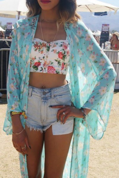 sky blue flower chiffon cardigan with white crop top