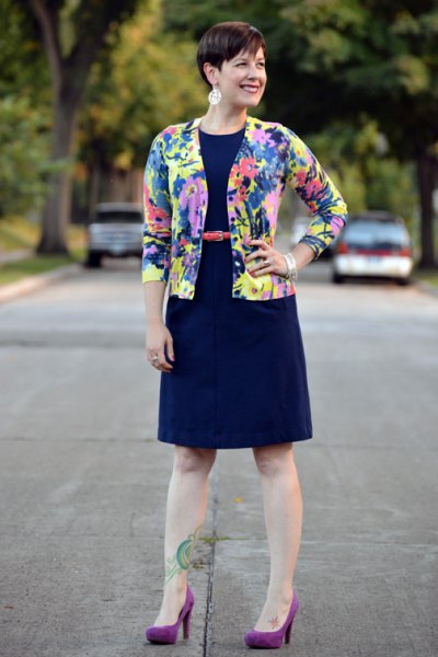 blue, yellow and pink printed cardigan with dark blue fit and flared dress
