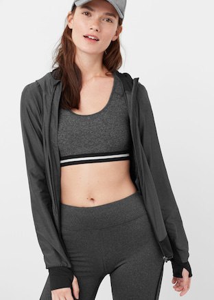 gray crop top with matching running jacket