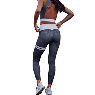 gray sports top with cut out back and matching running pants