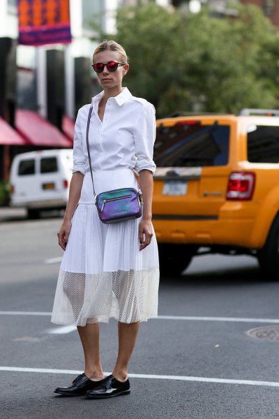 white shirt with buttons, semi-transparent midi chiffon skirt and black leather derby shoes
