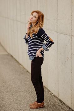 black and white striped sweater with jeans and brown leather shoes