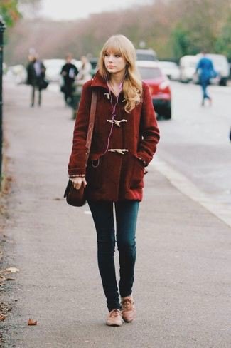dark wool coat with skinny jeans and brown evening shoes