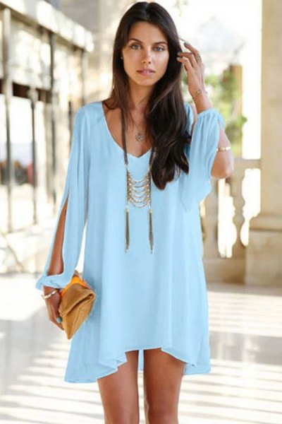 Mini light blue long sleeve dress with boho statement necklace