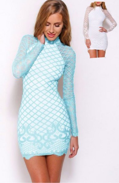 Light blue and white, crisscross printed, long-sleeved, form-fitting mini dress