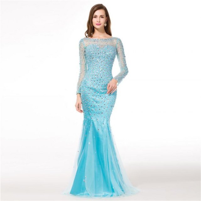 light blue, semi-transparent, long-sleeved, floor-length mermaid dress