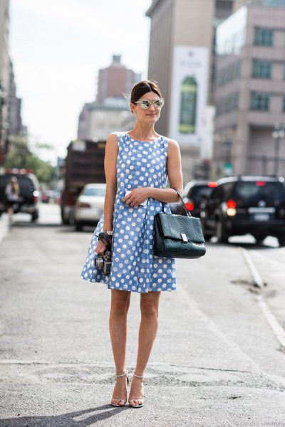 Light blue sleeveless polka dot mini swing dress with open toe heels