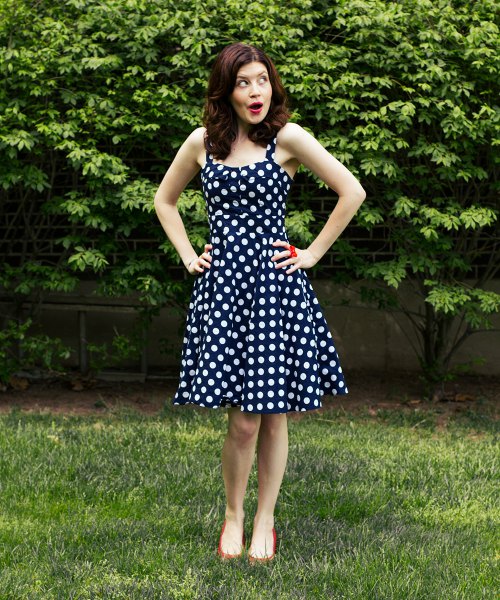 sleeveless fit and flared midi dress with polka dots