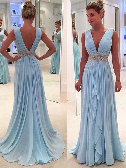 Pleats light blue ball gown with deep v-neck and belt