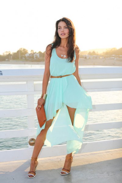 Sleeveless, aqua blue, flowing midi dress with a scoop neck and scoop neck