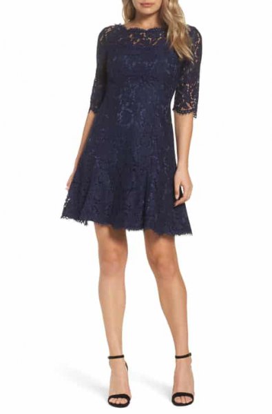 Lace fit and flare dark dress with open toe ankle strap heels