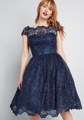 Cap sleeve fit and flare knee-length dark blue dress