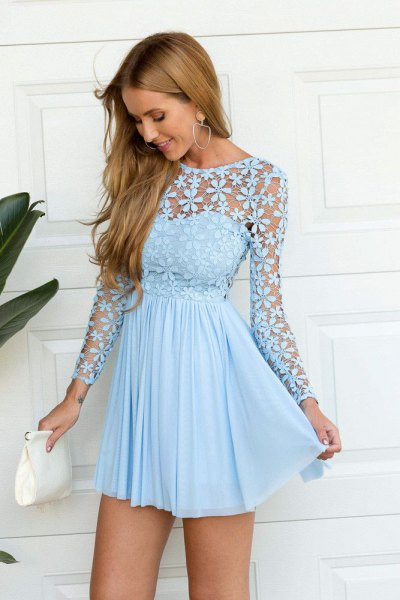 light blue long sleeve fit and flared short pleated dress