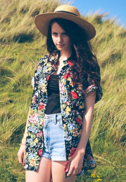 oversized floral and hawaiian shirt with straw hat