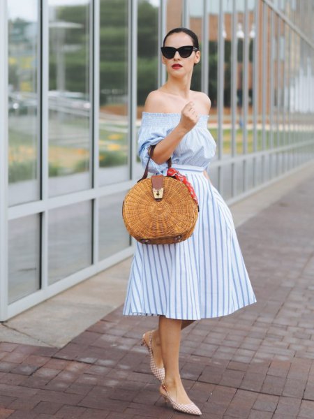 light blue and white striped fit and flickering off shoulder midi dress