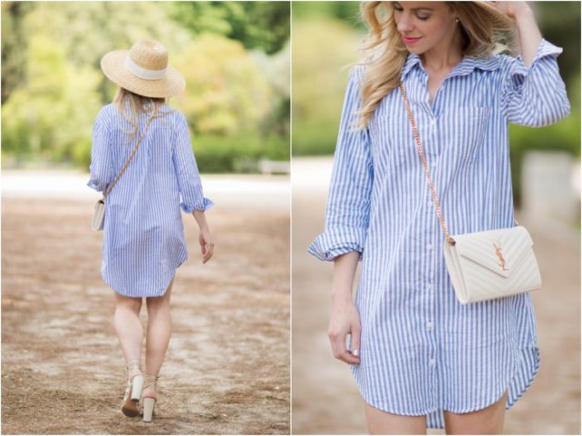 Sky blue and white vertical striped shirt dress with straw hat