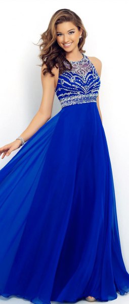 royal blue and silver sequin fit and flared halter dress