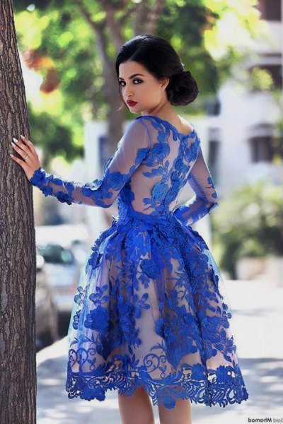 fit and flare royal blue knee-length, semi-transparent lace dress
