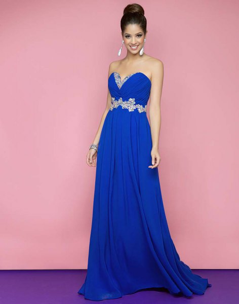 royal blue sweetheart neckline with belt and long flared dress