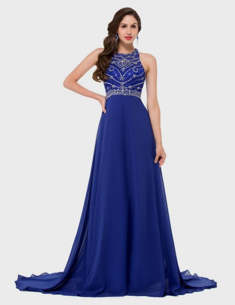 Sequin fit with halter neck and detailed, royal blue long dress