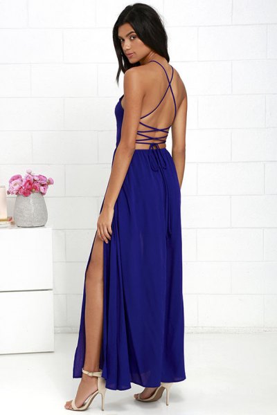 backless dark blue high split maxi dress with open toe heels