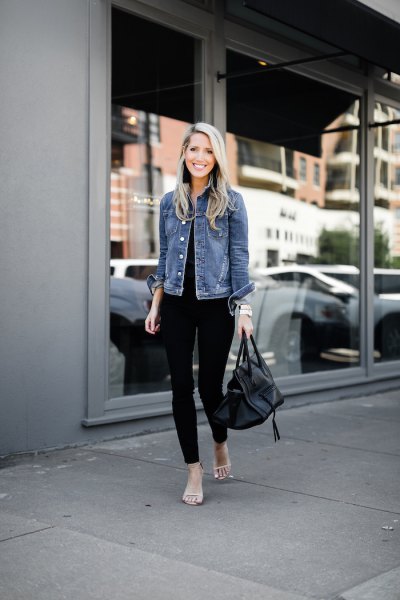 blue jacket with black top and matching skinny jeans