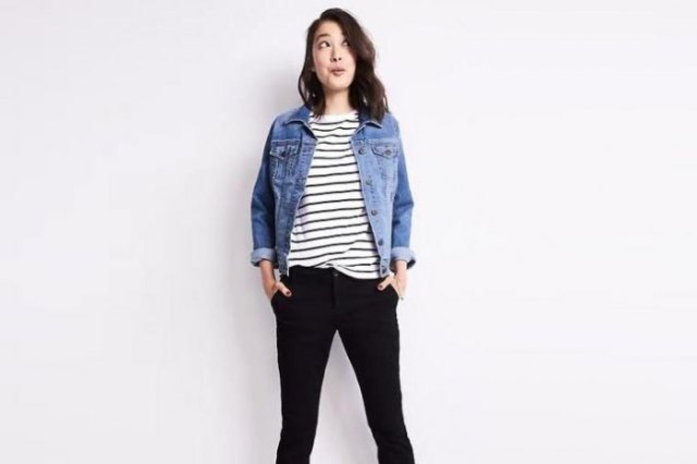 blue denim jacket with a relaxed fit and black and white striped T-shirt