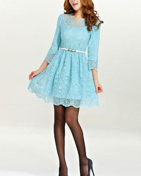 Long sleeve fit with belt and flared lace mini dress with stockings