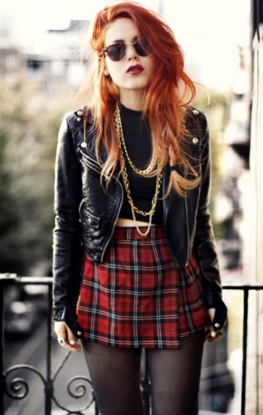 black short punk leather jacket with red checkered mini skirt
