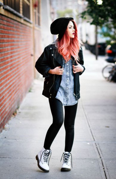 black oversized leather jacket with blue denim tunic top and leggings