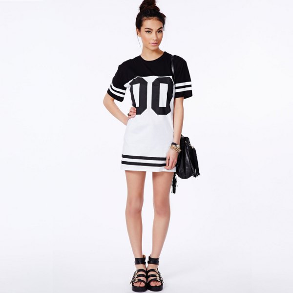 Black and white baseball t-shirt dress with sandals