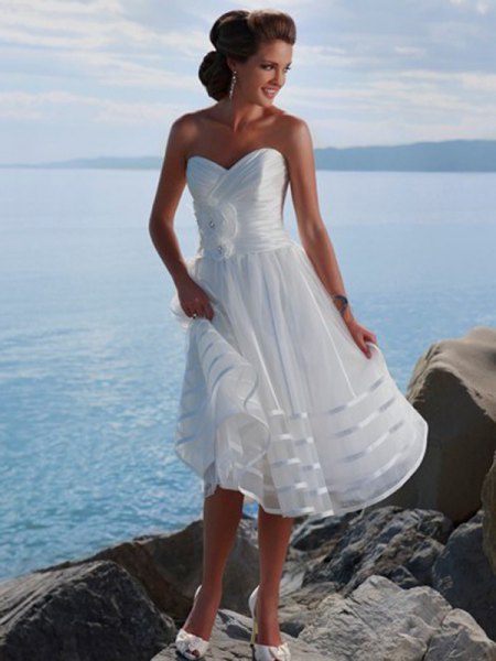 strapless midi wedding dress with white fit and flap