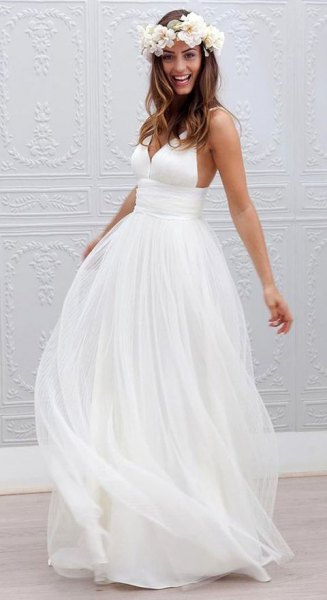 white chiffon floor-length flowing wedding dress