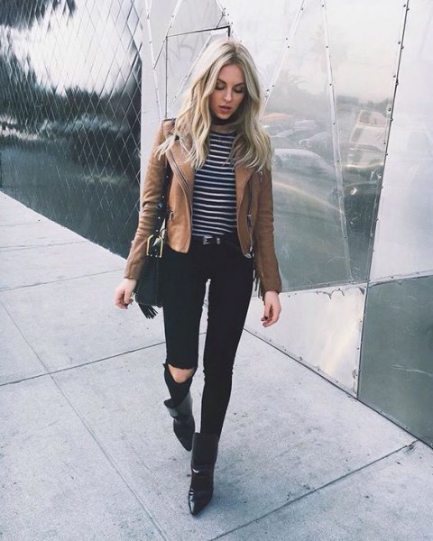 gray and black stripe sweater with brown leather jacket