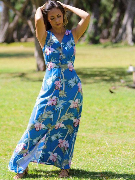 royal blue and white maxi dress with Hawaiian print