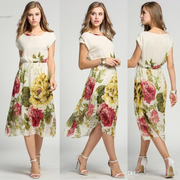 white and yellow chiffon midi dress in Hawaiian style with floral print