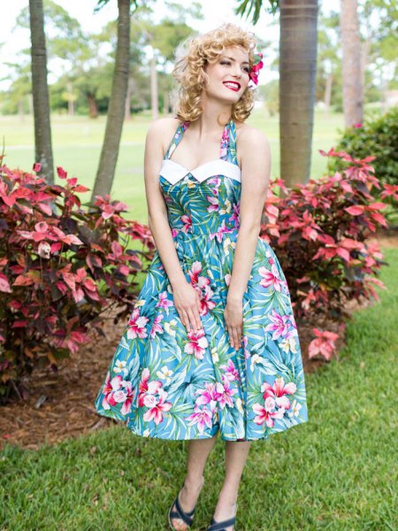 teal, blue and white halter outfit in Hawaiian style and flared midi dress