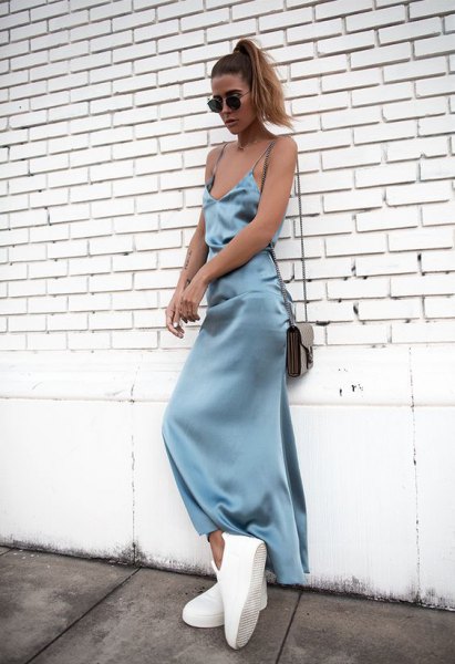 Mint green maxi silk dress with white platform sneakers