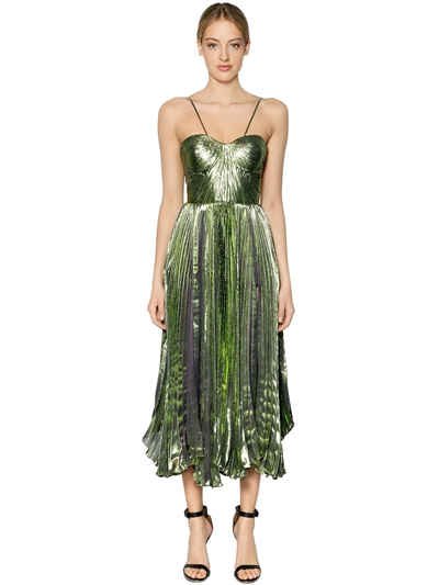 Metallic green fit and flare midi pleated silk dress with black open toe heels