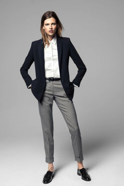 black blazer with white shirt with buttons and gray dress pants with cuff