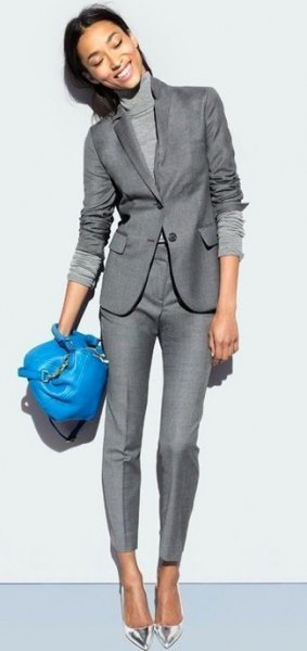Mock neck knit sweater with gray blazer and matching pants