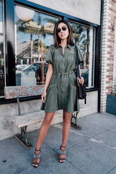 Flared mini khaki dress with button closure and open toe heels
