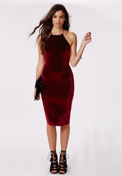 burgundy-colored midi-neck velvet dress with cut-out open toe boots