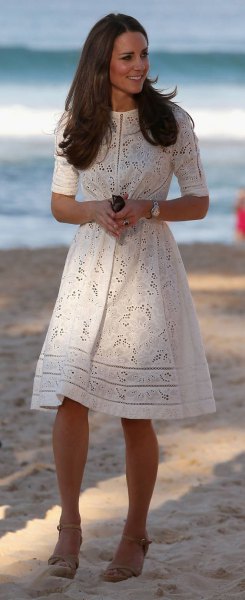 white crochet fit and flare summer dress with half sleeves