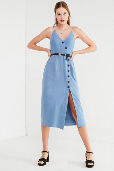 Light blue midi dress with button closure and black, open toe heels