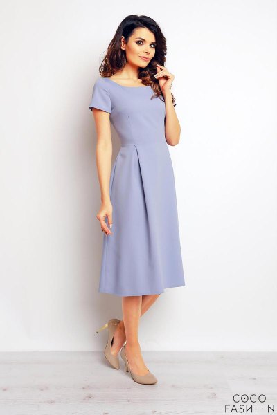 light blue midi dress with chiffon short sleeves and boat neckline