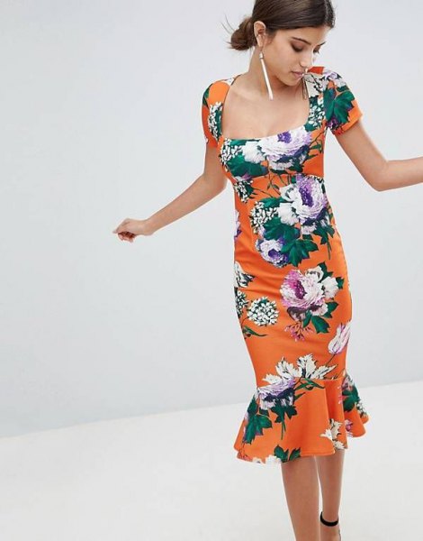 orange and white midi dress with floral pattern and open toe heels