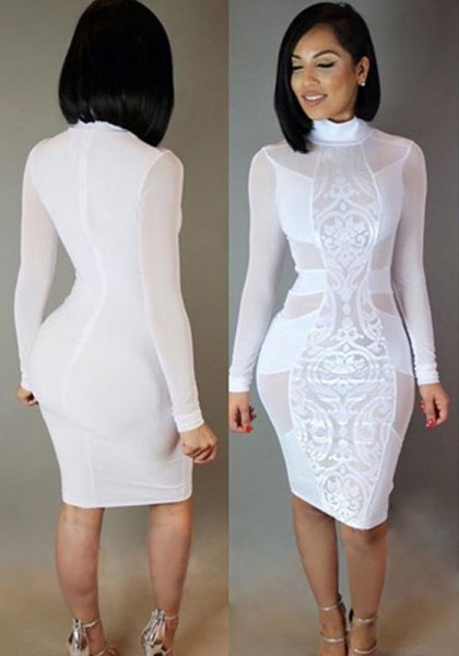 white long-sleeved lace midi dress with mock-neck lace