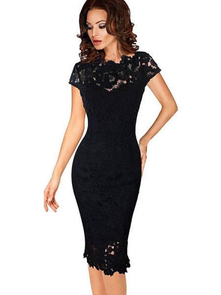 black bodycon lace midi dress with cap sleeves