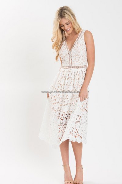 white midi lace dress with v-neck and flared tank and open toe heels